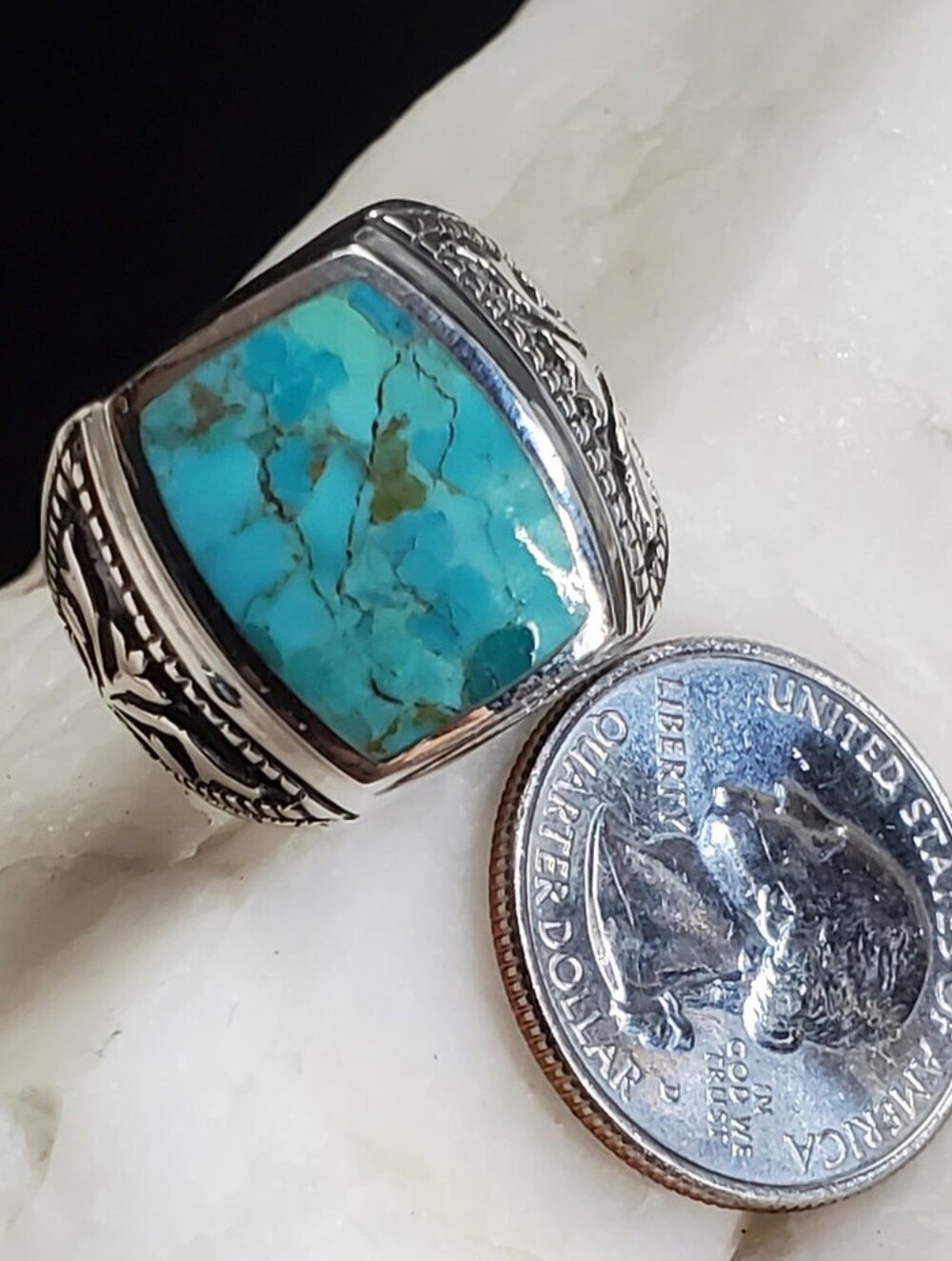 Sterling Silver 925 Men's Ring Size 10.2 Geniine American Turquoise Stone - Picture 3 of 9